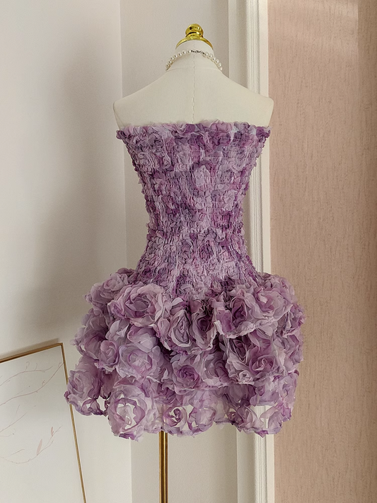 Chic Tulle Three-dimensional Flower Ruffled Party Dress Purple Birthday Outfits YM2096
