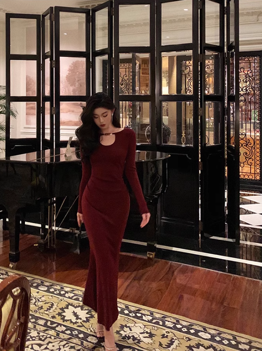 Red Long-Sleeved Knitted Dress-Style Hollow Party Dress YM1673