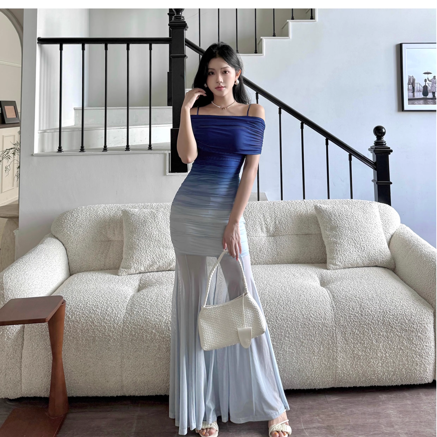 Unique Off The Shoulder Blue Ombre Sheath Long Vacation Dress Holiday Dress YM2276
