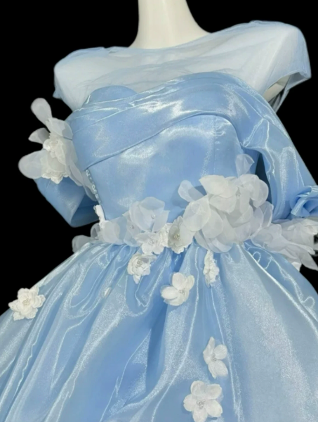 Dreamy Baby Blue Silky Applique Off-the-shoulder A-Line Short Prom Dress Birthday Dress YM2562