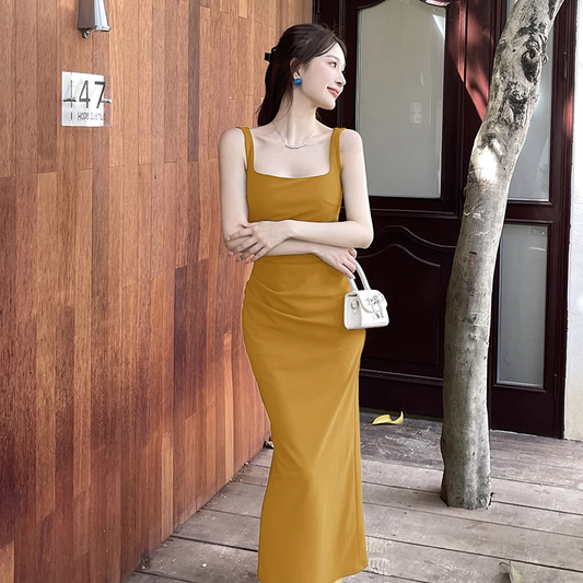 Simple Square Neck Turmeric Sheath Long Holiday Dress Vacation Dress YM2149