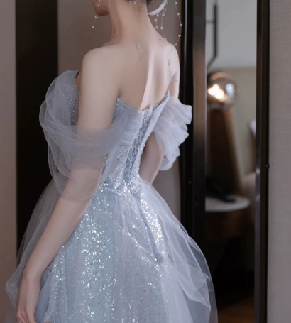 Sparkly Pale Blue Tulle Sequins Off-the-shoulder A-Line Long Prom Dress Birthday Dress YM2606