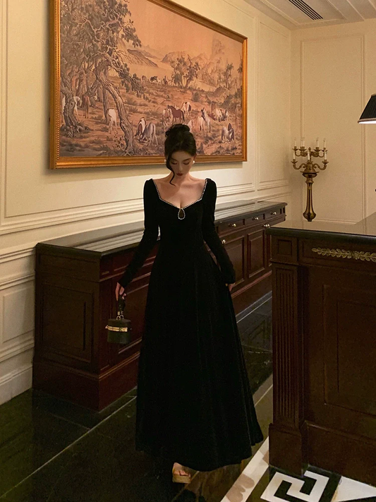 A Line Black Velvet Prom Dress Women Party Dress YM1594