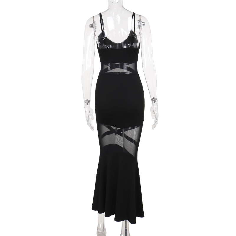 Sexy Tulle Stitching Spaghetti Straps Black Long Vacation Dress Women Dress YM2221