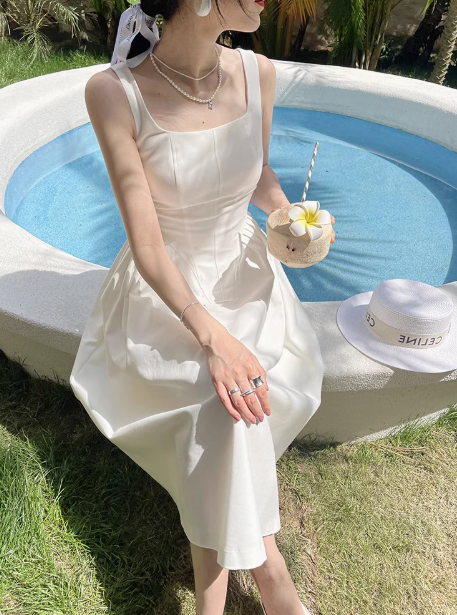 Elegant white spaghetti straps a line long party dress YM1951