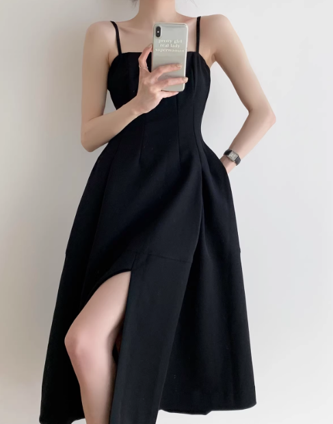Black retro slit suspender black a line party prom dress YM1954