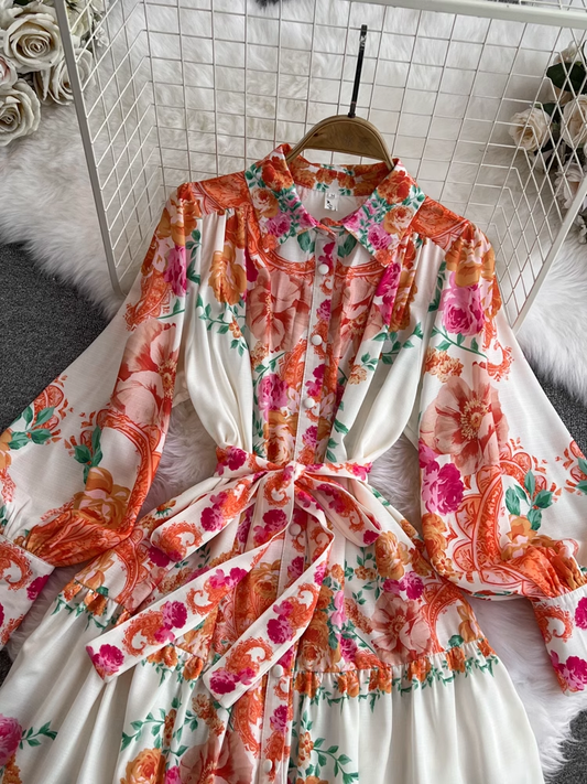 Lantern long sleeve lapel a line print dress for women YM992
