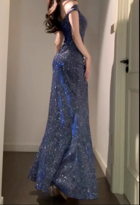 Sparkly Blue Off The Shoulder High Slit Holiday Dress Long Birthday Dress Party Dress YM2247