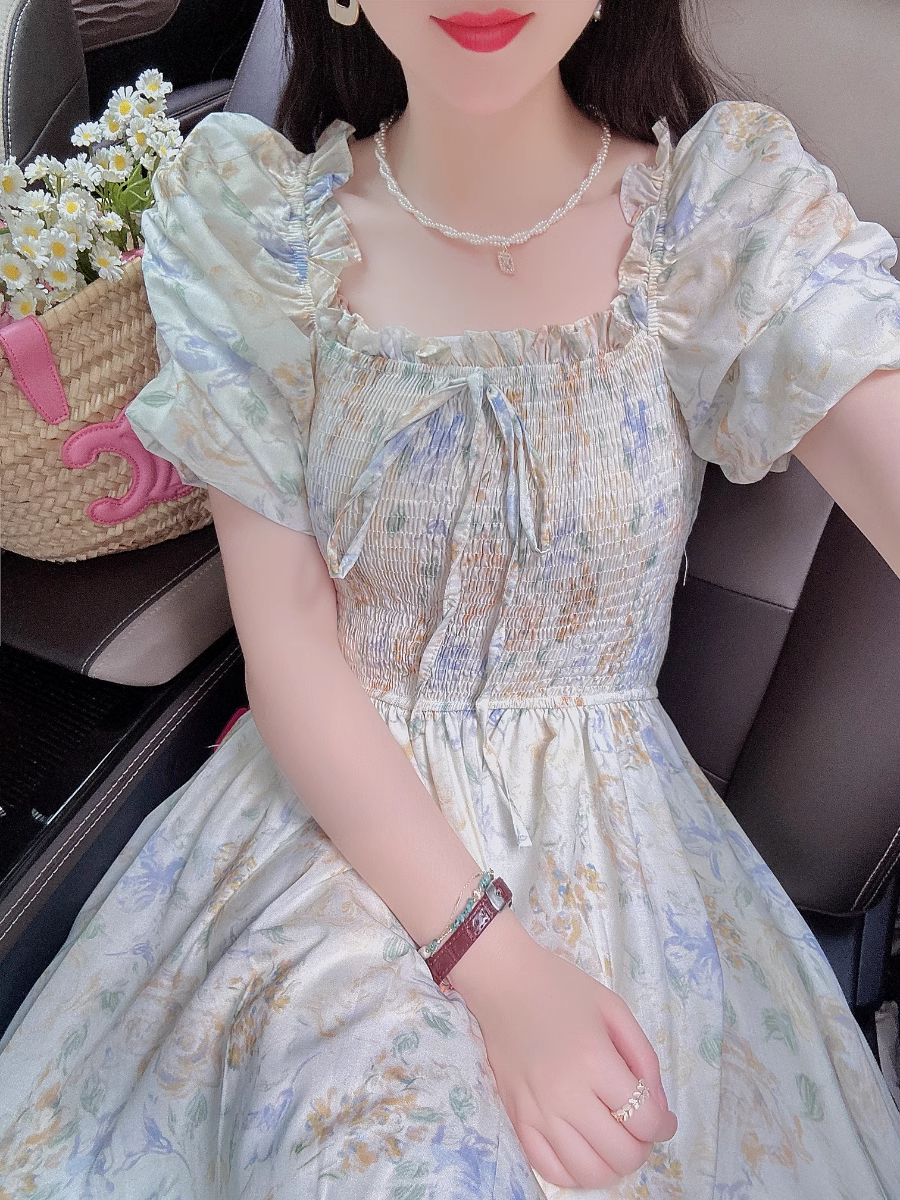 Puff Sleeve Bow Tie Chiffon Floral Long Dress YM1565