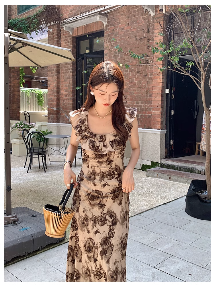 New retro round neck ruffle print dress YM1180