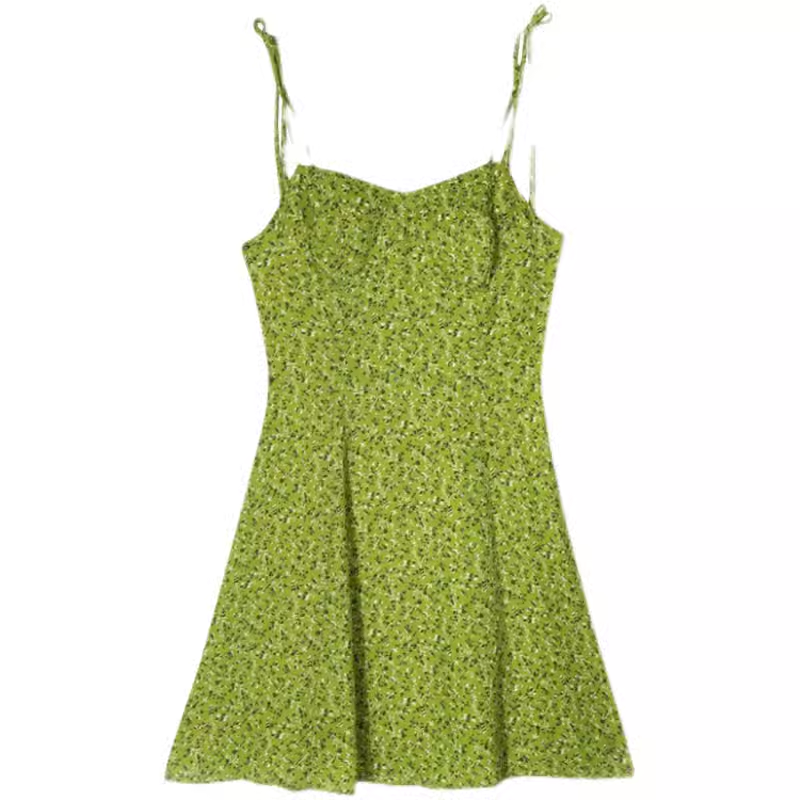 Green floral short suspender dress YM1366