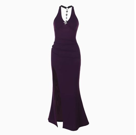 Sexy Purple Halter Neck Diamond Chain V-Neck Party Sheath Slit Vacation Dress YM2151