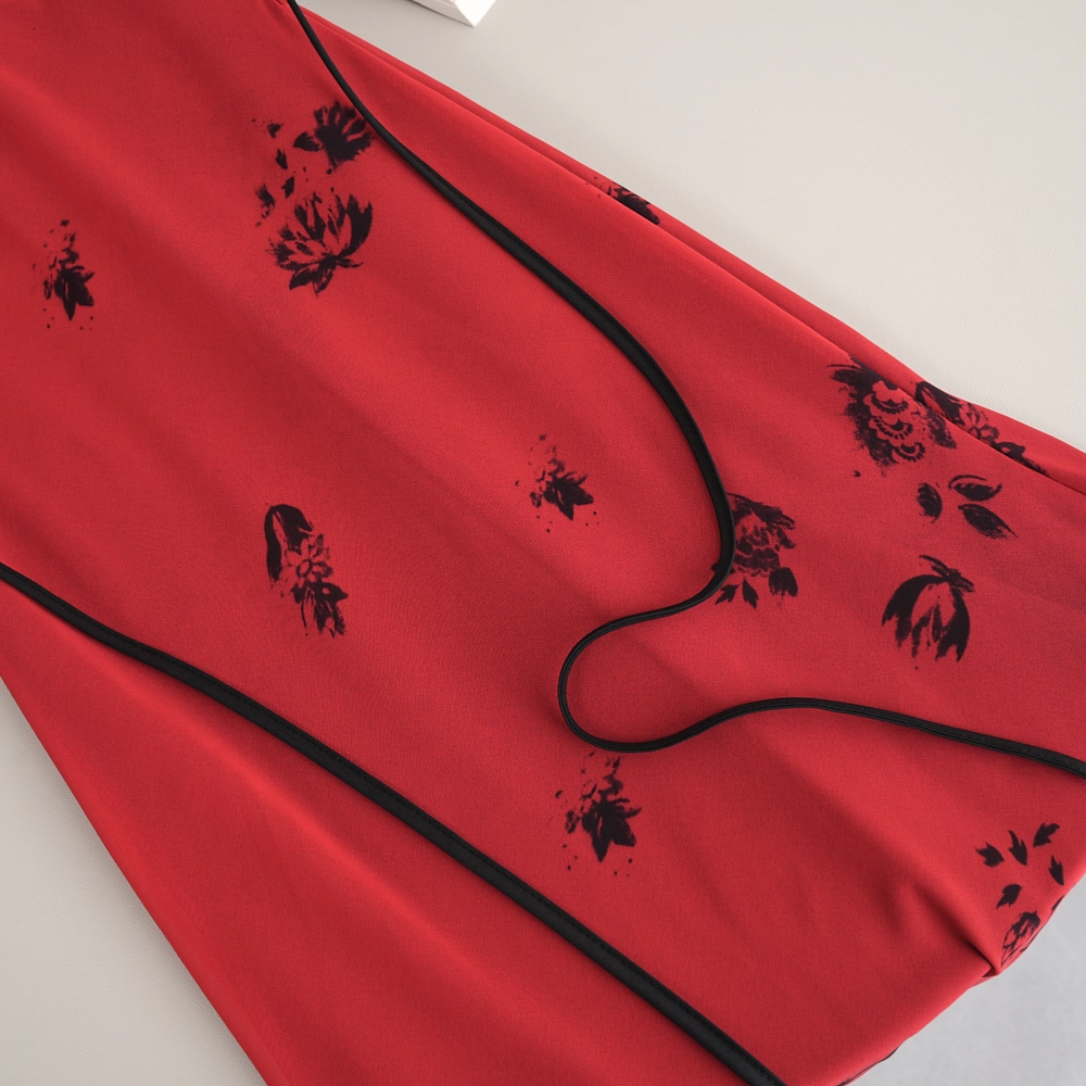 Retro Red V-neck Suspender Women Dress Long Holiday Dress YM2328