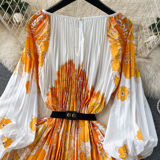 New women's dress printed pleated holiday long dress YM1179