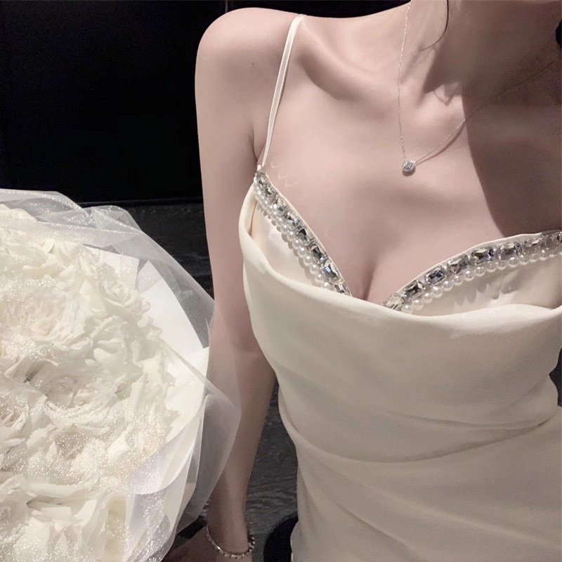 Sexy Straps Birthday Dress Off White Satin Beaded Short Party Dress YM2187