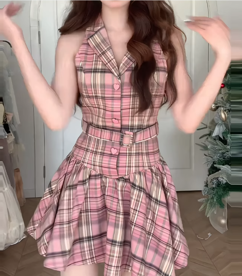 Sweet Sleeveless Plaid A-Line Short Dress Pink Vacation Dress YM2167