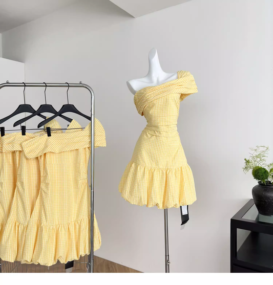 Yellow Off-shoulder Sweet Petite Short Flower Bud A-Line Dress YM2095