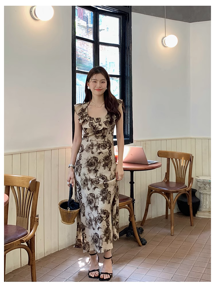 New retro round neck ruffle print dress YM1180