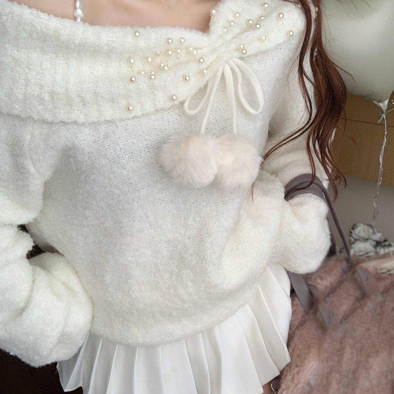 Asymmetric White Shoulder Chain Strap Sweater YM1931