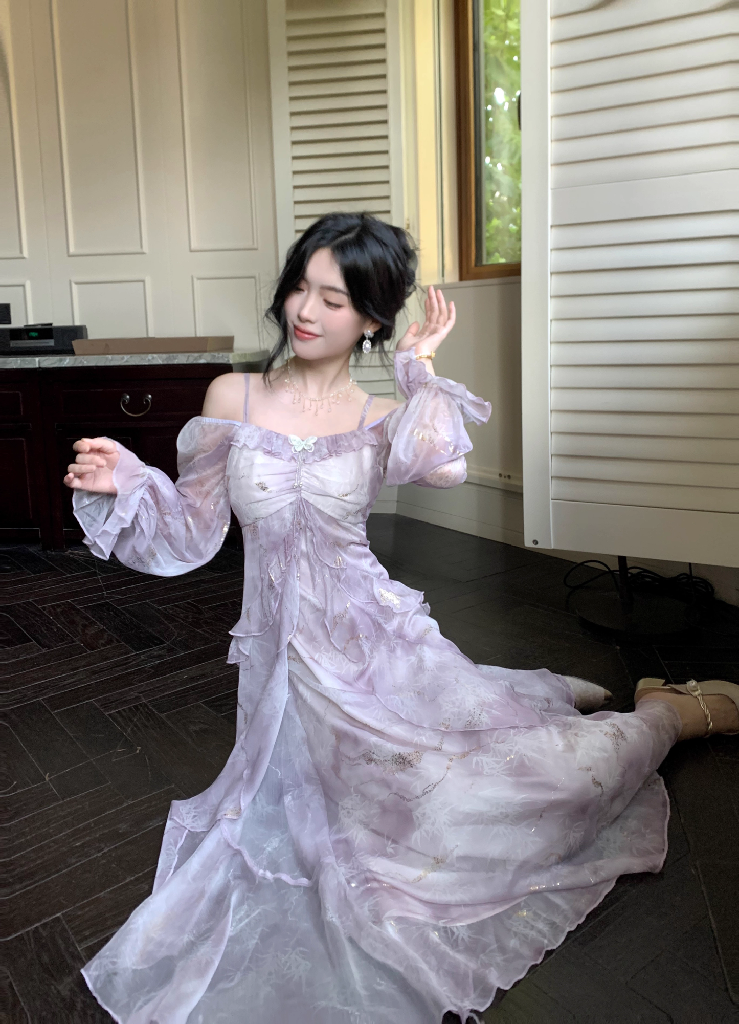 Purple Fairy-Like Ruffle Long-Sleeve Prom Dress Off The Shoulder Party Dress YM2043