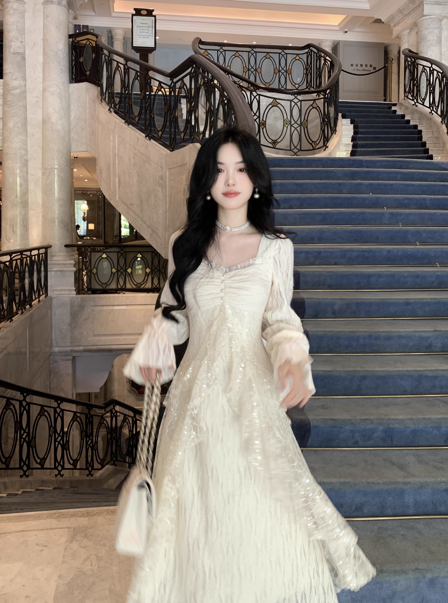 High-End And Gentle Style Lace Sequins Ruffled White Moonlight Prom Dress Apricot Party Dress YM2037