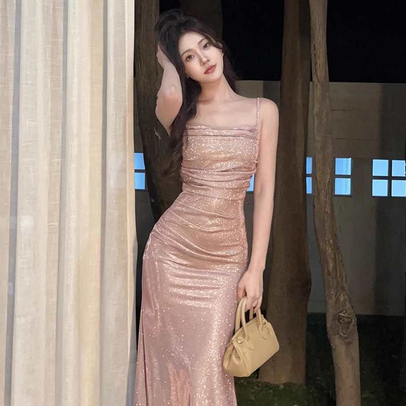 Sparkly Straps Sheath Mermaid Long Birthday Dress Pink Holiday Dress Vacation Dress YM2268