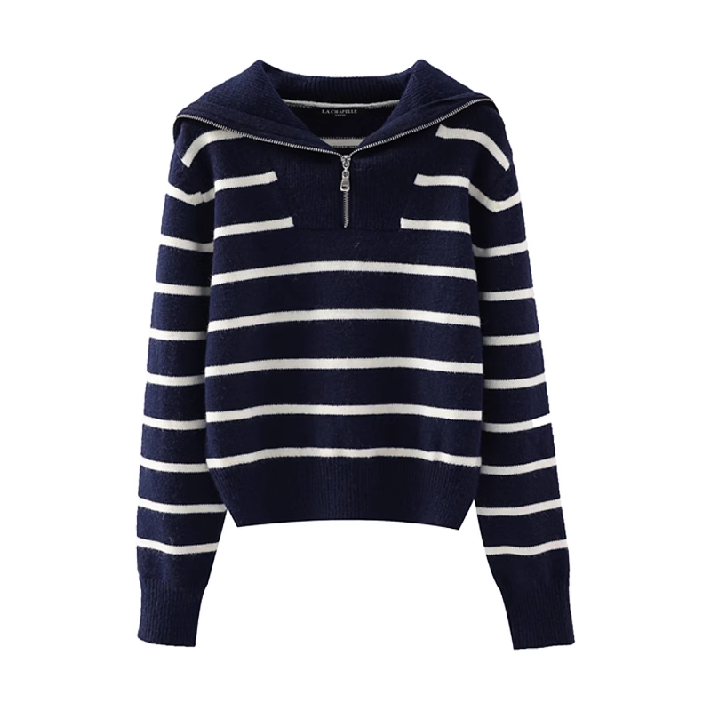 Women's navy collar half zip striped sweater autumn and winter YM704