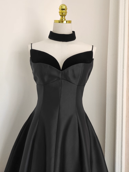 Classy Satin Velvet Stitching A Line Party Dress Black Birthday Dress YM2105