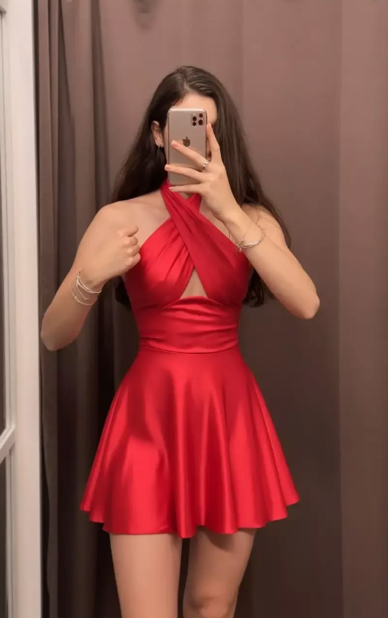 Vibrant Minimalist Red Silky Halter A-Line Short Prom Dress Party Dress YM2527