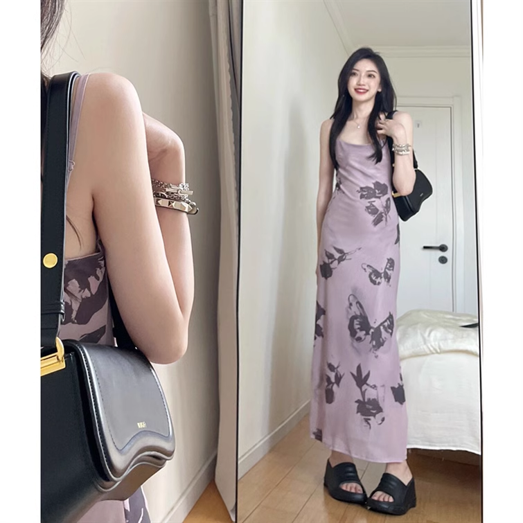 Purple Floral Suspender Dress Sexy Slit Party Dress YM1766