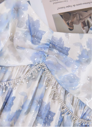 Blue High Waist Ruffled Sequin Print Floral Straps Birthday Party Dress YM2029