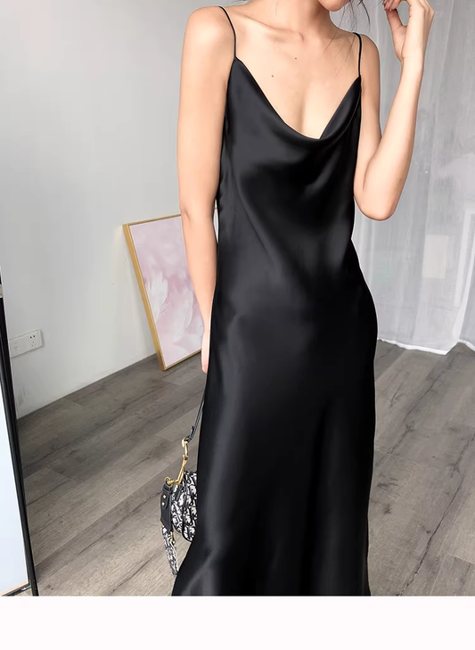 Black Spaghetti Straps Satin Long Party Dress Birthday Dress YM2436