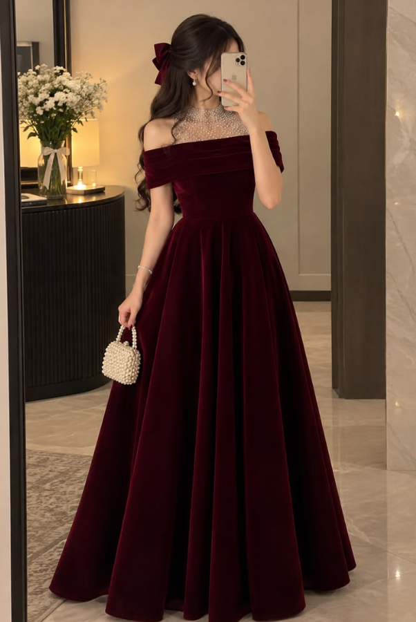 Elegant Burgundy Silky Beaded Bateau A-Line Long Prom Dress Evening Dress YM2609