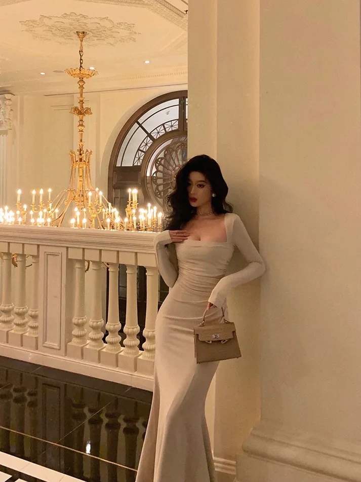 Gorgeous Mermaid Square Neckline Ivory Date Night Dress Long Prom Dresses Birthday Outfits YM1586