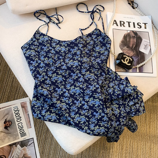 floral suspender A-line short dress YM469