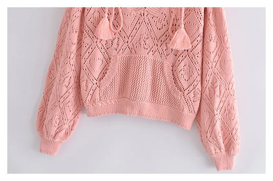 Hollow out design Pink Knitted Hooded Sweater, YM257