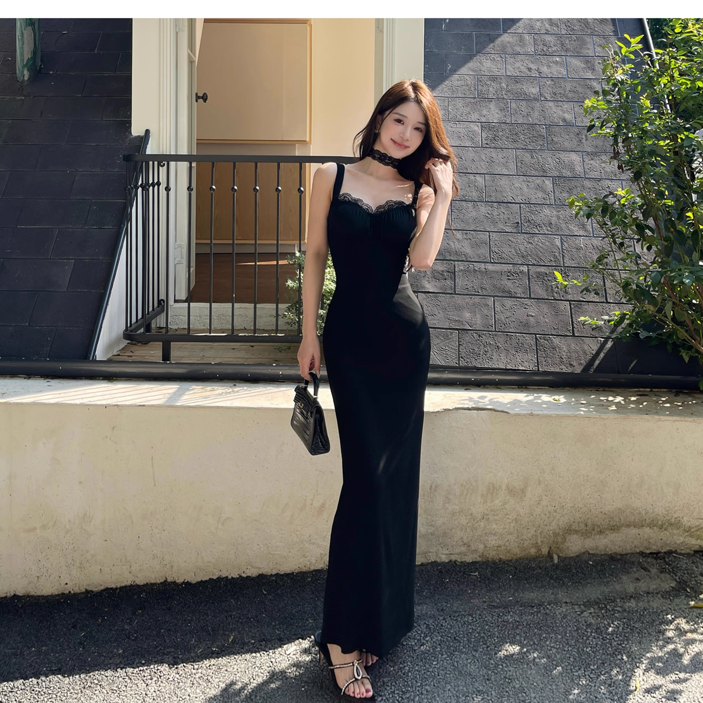 Black Lace Suspender Women Dress New Sexy Long Holiday Dress YM2257