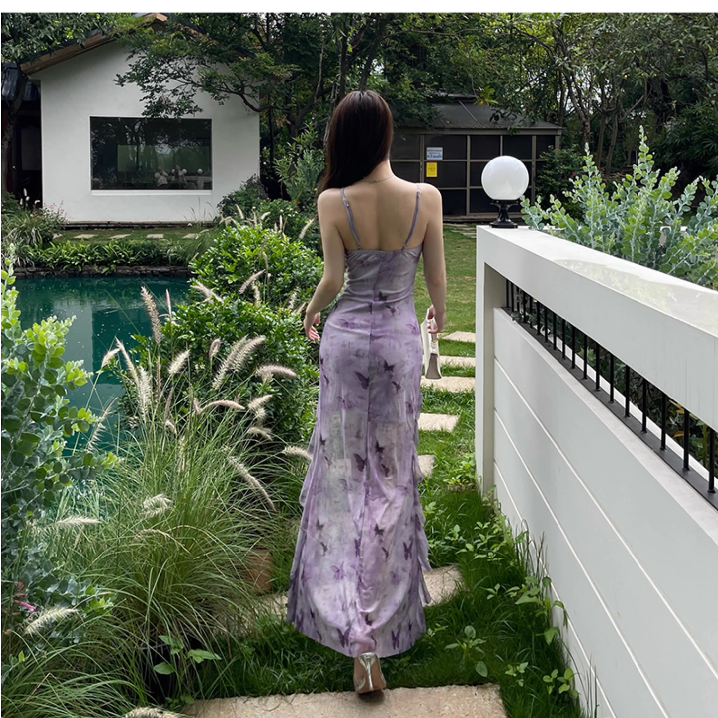 Purple Butterfly Print Suspender Vacation Dress New Irregular Long Holiday Dress YM2261