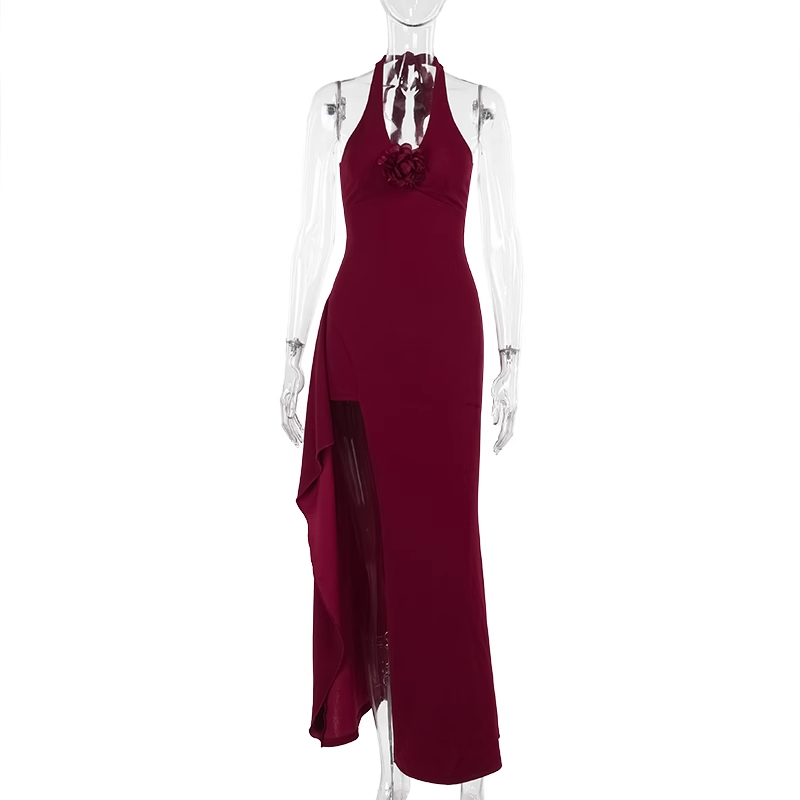Red Halter V-neck Party Dress Sexy Slit Sheath Long Vacation Dress YM2208