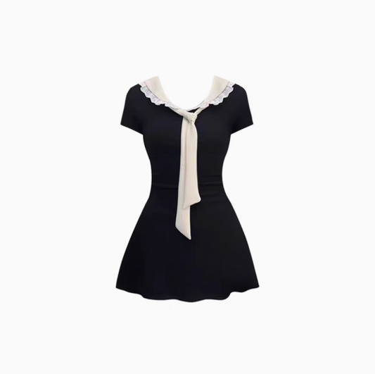Cute Preppy Style Navy-Collar A Line Women Dresses Black Short Vacation Dress YM2169