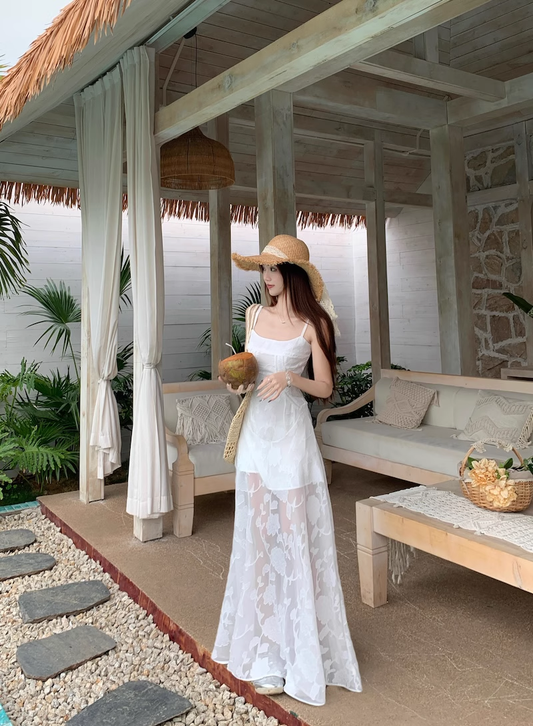 Jacquard Suspender Dress Summer White Seaside Holiday Dress YM2113