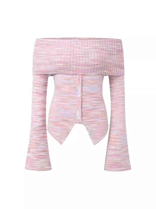 Womens pink striped off the-shoulder knitted sweater YM700
