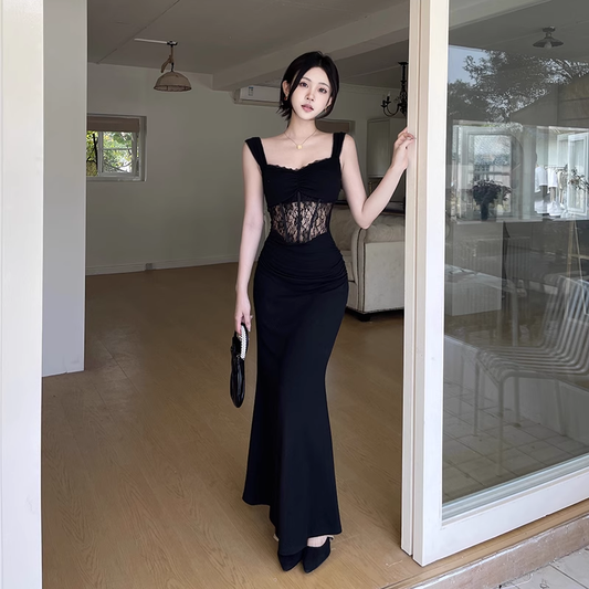 Pretty Black Lace Mermaid Long Party Dress Birthday Dress YM2216