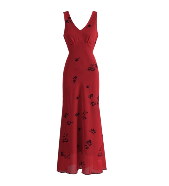 Retro Red V-neck Suspender Women Dress Long Holiday Dress YM2328