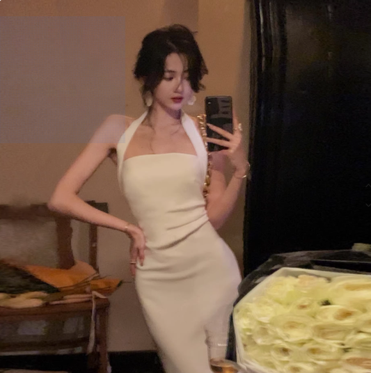 Halter neck long dress new style white hip-wrapped prom dress YM1940