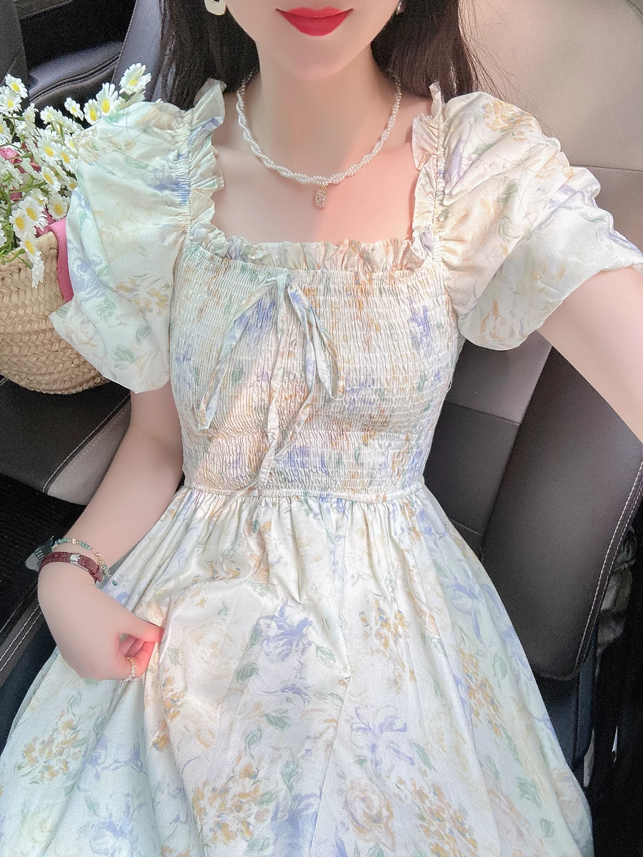 Puff Sleeve Bow Tie Chiffon Floral Long Dress YM1565