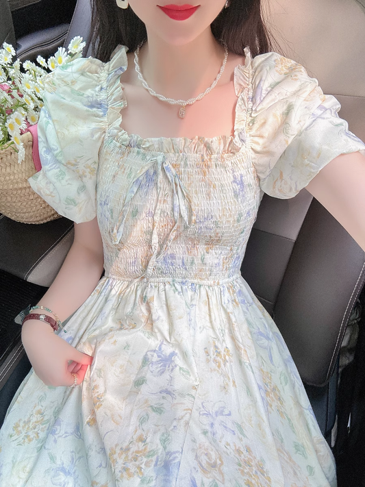 Puff Sleeve Bow Tie Chiffon Floral Long Dress YM1565