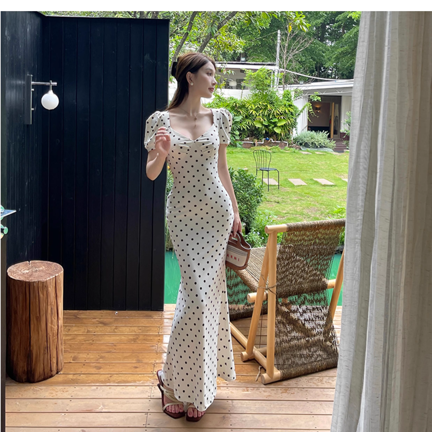 Cute V Neck Polka Dot Mermaid Long Holiday Dress Vacation Dress YM2254