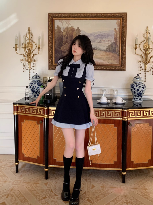 Preppy Style Fake Two-Piece Navy Blue Puff Sleeve Suspender Waist Party Dress YM2039