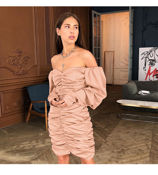 off the shoulder pleated long-sleeve wrap-back dress prom dress ,YM04